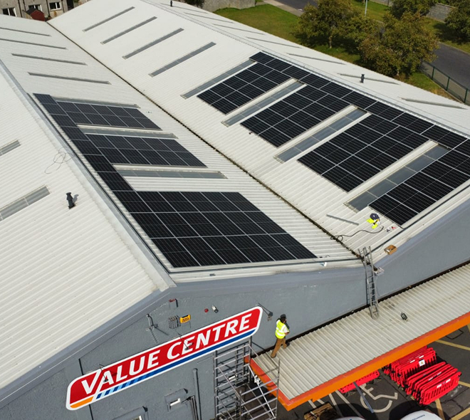 Solar panels on value centre building roof